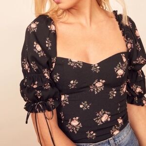 Reformation Nina Black Floral Smocked Puff Sleeve Blouse Top